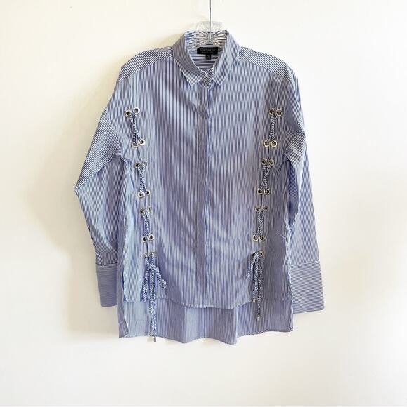 Topshop Blue Striped Lace Up Detail Button Down Top - Picture 3 of 7